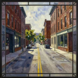 old downtown road by edward hopper, water color painting and stained glass light