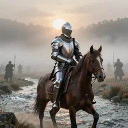 An armored knight rode out into the fog to cross the river into battle