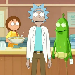 pickle rick, rick sanchez, pickle rick serving in a soup kitchen, detailed portrait, matte painting
