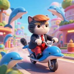 donald trump on a nyan cat riding through retrowave town with dolphins artstation digital art hd high detail 4 k action scene ultra detailed