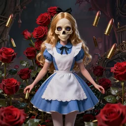 Alice in Wonderland,roses,bullets,highly detailed,half skull face,cinematic,8k,by Stanley Artgermm,Tom Bagshaw,Greg Rutkowski,Carne Griffiths, Ayami Kojima, Beksinski, Giger,trending on DeviantArt,hyper detailed,horror, full of colour