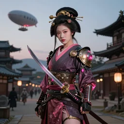 beautiful steampunk geisha with a katana sword, soft pink lights, historical Japanese city in 1790, zeppelin in the air, HD