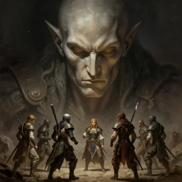 picture of massive revenant, looking down to a party of five adventurers, highly detailed, detailed face, smooth, sharp focus, chiaroscuro, digital painting, artgerm and greg rutkowski and alphonse mucha
