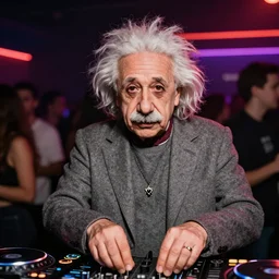 color photograph of serious Albert Einstein DJ at a nightclub, in color, color photograph, colors