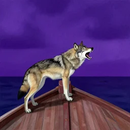 a wolf barking on a 1700s ships bow during night with purple sky in fernando de noronha, from malevitch