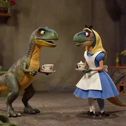 A movie screenshot of Velociraptors having tea with Alice in Wonderland, directed by Henry Selick and Tim Burton, claymation, cinematic, balanced composition, whimsical.