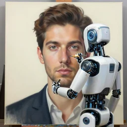 robot artist painting a self - portrait on a canvas. intricate, highly detailed, digital matte painting, in the style of alexandros pyromallis, and in the style of sachin teng, and in the style of hans thoma, and in the style of alberto vargas. irony, recursion, inspiration.