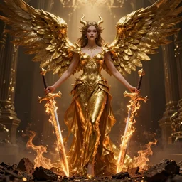 beautiful demoness rising from the ash holding the burning swords of angel wings, realistic rendering, octane render, unreal engine, 8 k highly detailed, intricate details, vray, highly detailed, luxury, fractal, golden ratio, elegant, epic, style by greg rutkowski, cinematic lighting