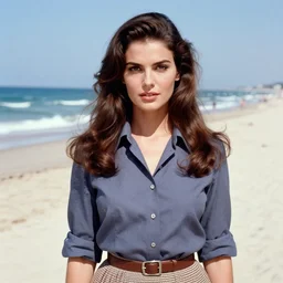 “ gorgeous brunette model posing on the beach wearing shirt and skirt, 1 9 6 0 ’ s fashion, 1 5 0 mm f 2. 8, face shot, hasselblad, photo by brian ingram, david lazar, lisa kristine, steve mccurry, high quality, symmetrical face, clear skin, 4 k ”
