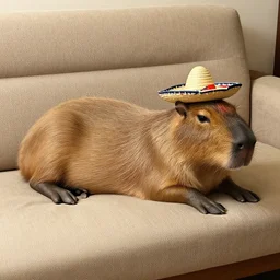expressive capybara with a minature sombrero, lying down on a couch, light on camera right below the eyeline, wide shot