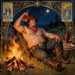 a dramatic, epic, ethereal painting of a !!handsome!! !!!extra thicc!!! mischievous shirtless cowboy with a beer belly!! wearing a large belt and bandana offering a whiskey bottle | he is relaxing by a campfire | background is a late night with food and jugs of whisky | homoerotic | stars, tarot card, art deco, art nouveau, intricate | by Mark Maggiori (((and Alphonse Mucha))) | trending on artstation