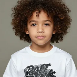 close up photo of a 1 5 yo teen with very curly hair wearing a daft punk tshirt