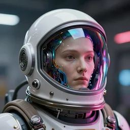 portrait of a biomechanical head inside a futuristic space helmet, vintage, neon, white metal, iridescent visor,  smooth, sharp focus, high detail, deviantart, artstation, halo, octane render, cinematic, hyper realism, 8k, depth of field, bokeh, art by Tooth Wu and wlop and beeple and dan mumford and greg rutkowski