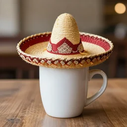 ( coffee mug ) with a [ sombrero ] on top, photograph,
