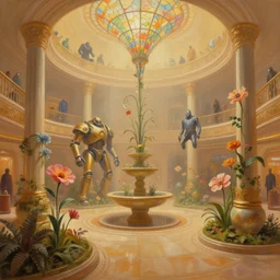 a minimalist oil painting by donato giancola, warm coloured, cinematic scifi luxurious futuristic foggy steam filled victorian garden circular shopping mall interior with stained glass flowers growing out of pretty bulbous ceramic fountains, gigantic pillars and flowers, maschinen krieger, beeple, star trek, star wars, ilm, star citizen, mass effect, artstation, atmospheric perspective