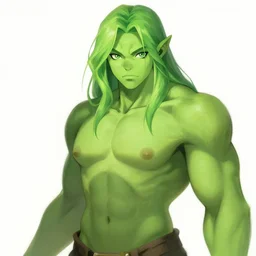 green anime faced orc female, light green tone beautiful face, muscular body, by artgerm, by greg rutkowski, by jeremy mann, digital painting