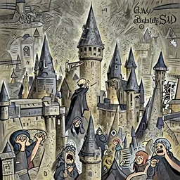 Harry Potter fighting Voldemort above hogwart's castle, dark theme, other wizards trembling in terror, trending on artstation, high definition