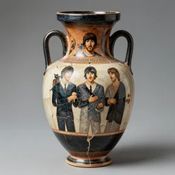 vase work, vase art of The beatles in art style of greek art, fragmented clay firing Greek vase with an The beatles, greek art!!!!! greek art