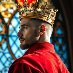 side - view portrait of a stern prince wearing a shiny golden crown, buzzcut, stubble, he wears a red coat, gothic stained glass window, blue sky background, very masterful, royal, backlit