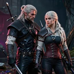 geralt of rivia and ciri in the witcher 3, hyper realistic, cinimatic, epic shot, movie still, 8 k, dramatic shot, dramatic lighting, vibrant, shadows, reflections, depth of field