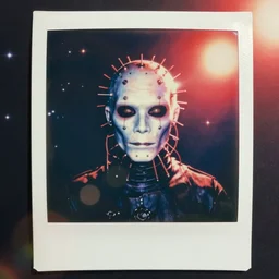 weathered old analog polaroid portrait photograph of a cenobite, hellraiser, clive barker, demon, azure and red tones, space, stars, nebula, lensflare, sunlight, glare, depth of field, bokeh, filmgrain, red color bleed