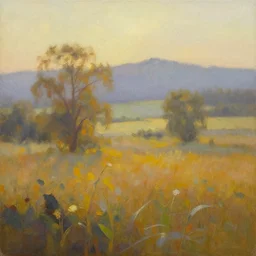 an oil painting of the joys of the morning, amazing landscape, warm modern