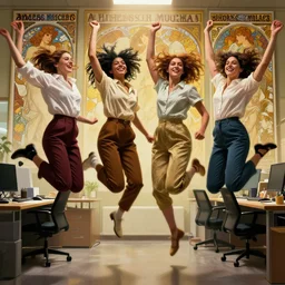 hyperrealist group photo of 4 women of various ethnic backgrounds jumping together at the office. by jeremy mann and alphonse mucha, fantasy art, photo realistic, dynamic lighting, artstation, poster, volumetric lighting, very detailed faces, 4 k, award winning