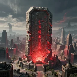 a huge towering and broken stone tablet with red light stands in the center of a prosperous city at the end of the world, and the energy is released, secret, mysterious, doomsday, landscape, video game control, quantum break, arknights