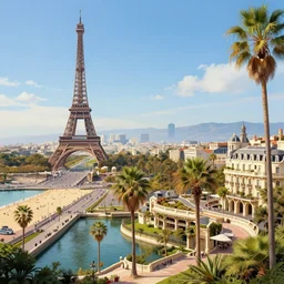 beautiful landscape of the wonderful city of paris built in california, amazing sunny weather, eiffel tower next to the beach, palm trees, splendid haussmann architecture, water canals, digital painting, highly detailed, intricate, craig mullins, greg rutkwowski, matte painting, trending on artstation