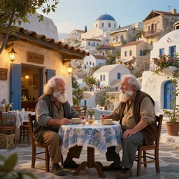 two old bearded friends outside a greek restaurant in a fantasy village, calming, uplifting mood, ultra realistic, funny, small buildings, highly detailed, epic lighting, illuminated, cinematic, morning, art by eddie mendoza
