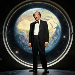 the full body shot of very arrogant salvador dali in the role of emperor of universe looking at the planet through porthole | still frame from the prometheus movie by ridley scott with cinematogrophy of christopher doyle and art direction by hans giger, anamorphic bokeh and lens flares, 8 k, higly detailed masterpiece