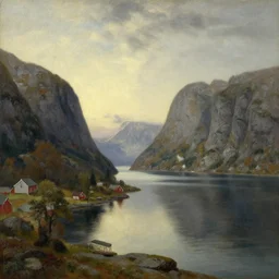 norwegian fjords in the style of hudson river school of art, oil on canvas
