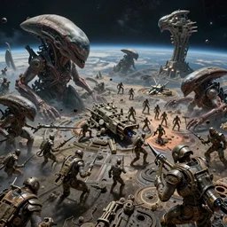 intricate, detailed alien space battle, in the style of mark cooper, 8 k, hyper detailed, hdr,