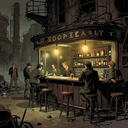 detailed ultra - realistic graphic novel illustration of shadowrun cyberpunk postapocalyptic desolate industrial bar inspired by edward hopper and gregory crewdson, cinematic, full shot, ian miller, wayne barlowe, greg rutkowski