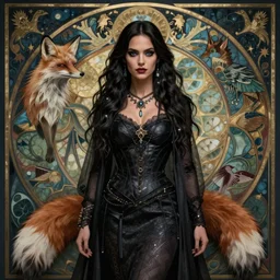 beautiful, amazing, evil sorceress, dungeons and dragons, ana de armas, part furry fox, fox tail, gorgeous, by greg rutkowski, symmetry, concept art by artgerm, distance render portrait of a hyper realistic, alphonse mucha, octane render, highly detailed, high quality, 8 k, soft lighting, path traced, and uang guangjian and gil el