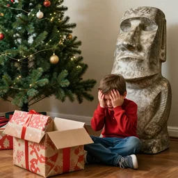 a kid at christmas disappointed and crying looking a giant moai statue, his hands buried in his face, sitting down, looking disgusted and annoying | inside of a house next to a christmas tree, large opened present box next to the moai