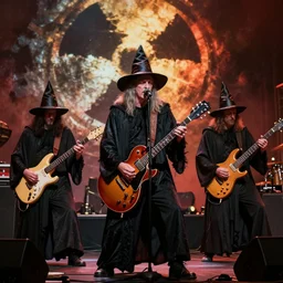 Modest Mouse dressed like wizards playing a concert during the nuclear apocalypse, 4K, cinematic, hyperrealistic,