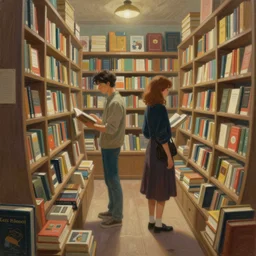 ! dream a painting of two people in a book store, a storybook illustration by marc simonetti, cgsociety, fantasy art, storybook illustration, matte painting, matte drawing
