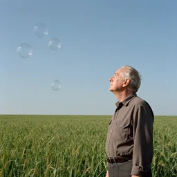 an old man in a field looking at multiverse bubbles in the sky, scene from a stanley kubrick movie, in color