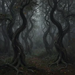 A painting of a dark forest. The trees are twisted and gnarled, and the ground is covered in a thick layer of mist.