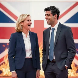 rishi sunak and liz truss laughing, standing next to a burning union jack, studio photograph, dramatic llghting