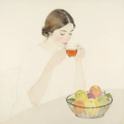 beautiful lady, drinking tea, fruit basket, painting,, clean shapes, print, pastel colors, ink lines, markus gunnar, konstfack