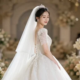 a bride in a wedding dress with a bokeh effect in the background.