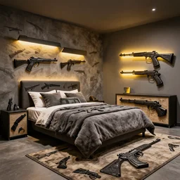 designer photography of bedroom themed to guns motif. bed has guns blankets. wall has guns pattern. furniture has guns motif. furniture is shaped like guns. carpet has guns motif. lighting has guns shapes
