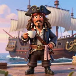 portrait of the pirate blackbeard very expressive holding a cup of coffee, full body with a pirate ship on background. pixar disney 4 k 3 d render funny animation movie oscar winning trending on artstation and behance. ratatouille style.