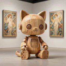 3D 8k octan render ,ultra photorealistic, detailed unreal engine ,a wooden sculpture wooden art toys wooden on feet ,very cute robot wooden with cat ears zen méditation cyberpunk concept art wooden ,trending on cgsociety, a contemporary art gallery art  néo paris by Alphonse Mucha