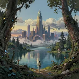 reclaimed by nature by ilya kuvshinov, crystal at dusk studio ghibli lake landscape atlantis vice city evil tron reclaimed by nature elysian futuristic postcyberpunk, archdaily, wallpaper, highly detailed, trending on artstation.