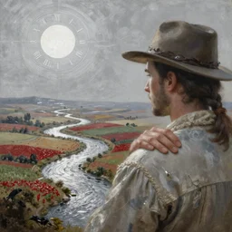 breathtaking detailed soft painting of silver time in the sun, through rivers caresses on pepper plains, the hand of the country on my shoulder, rembrandt style, elegant, highly detailed, artstation, concept art, matte, sharp focus, art by tom bagshaw, and greg rutkowski