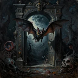 caravaggio oil psychedelic landscape painting of a bat going though the portal to the underworlds, dark art, gothic, fantasy style, biopunk, organic style, vaporware style, trending on artstation sharp award winning 8 k harrowing unnerving shadowy