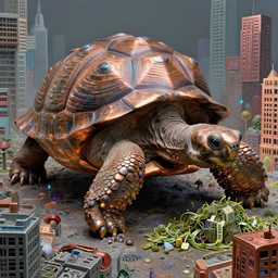 giant tortoise eating buildings by fiona staples and dustin nguyen, peter elson, alan bean, wangechi mutu, metallic colors, oxidized copper, led light, highly detailed and intricate, psychedelic, sharp focus,